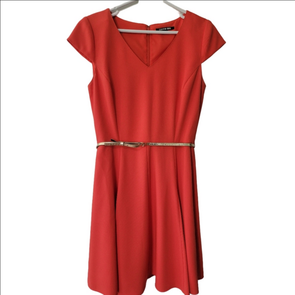 Gianni Bini Dresses & Skirts - Gianni Bini Orange Fit & Flare Dress Gold Belt Cap Sleeve Size 6